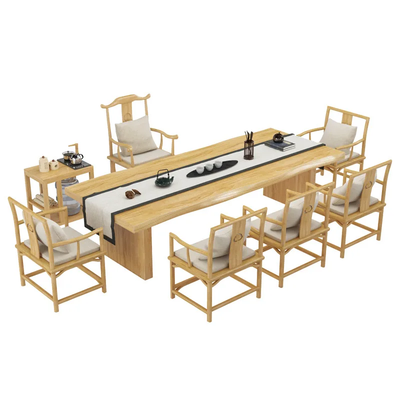 

Комбинация чайного столика и стула из чистого массива дерева. Новый китайский дзен-стол для заваривания чая. Простой современный бревенчатый офис.