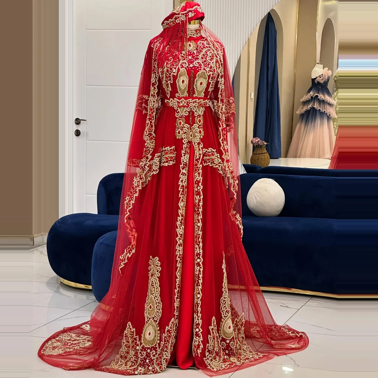 Floria 2025 A-line High Neck Sweep Train Wedding Dress with Embroidery Crystal Beaded for Bride Party Muslim Arabic Customized