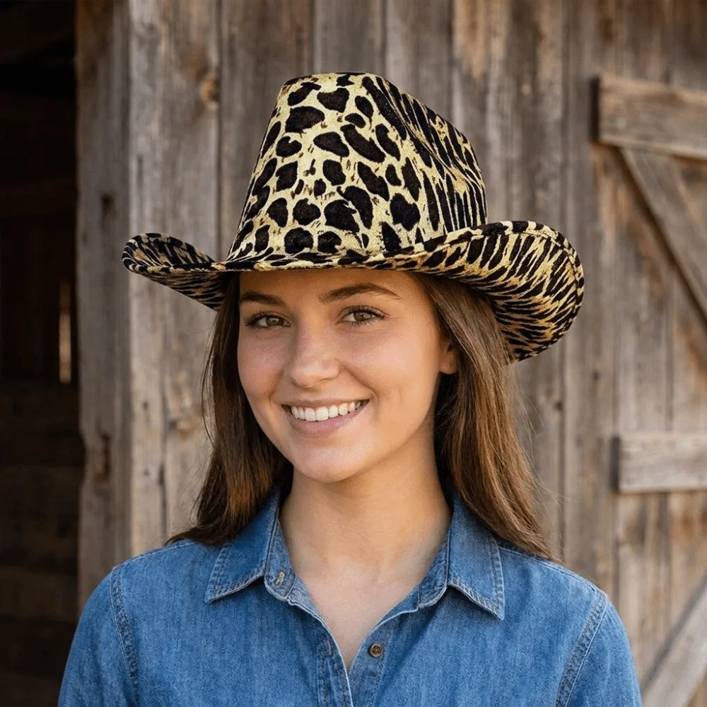 Cute Cow Printed Bowler Hat Leopard Printed Tiger Western Cowboy Hat Adjustable Windproof Cowgirl Hat Prom