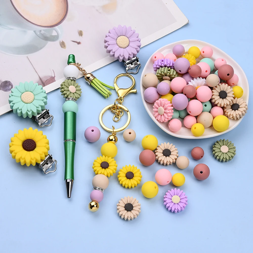 23pcs/set Silicone Daisy Flower Clip Round Beads For Handmade Pacifiers Chain Beaded Pen Jewelry Making Accessories