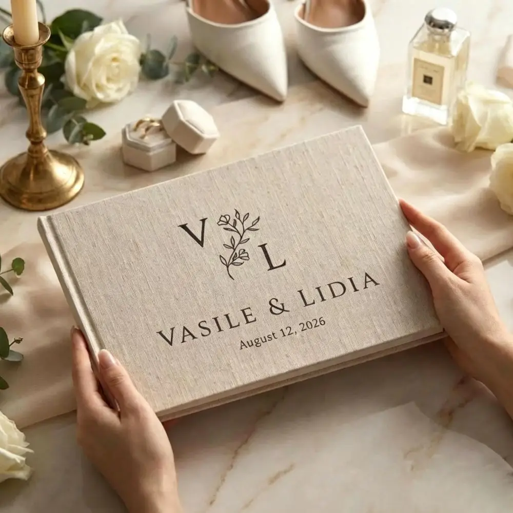 Livre d'or de mariage personnalisé en lin format A4 – Livre de signatures avec noms et date – Souvenir rustique pour réception de mariage