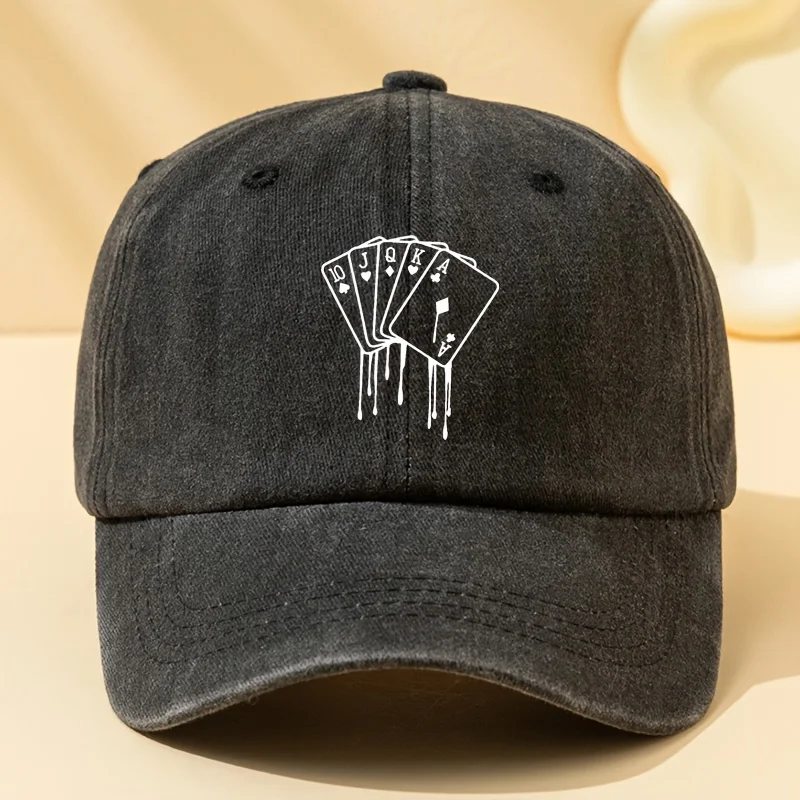 Gewaschene Baseballkappe mit Poker-Karten-Aufdruck, vielseitige klassische Hut mit gebogener Krempe, geeignet für Urlaub, Reisen, Camping und Freizeit