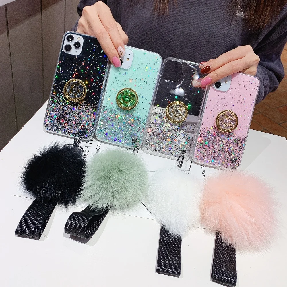 Luxury Glitter Transparent Phone Case For Huawei Mate 30 Pro Wristband hairball Epoxy Soft Shockproof Bumper Back Cover