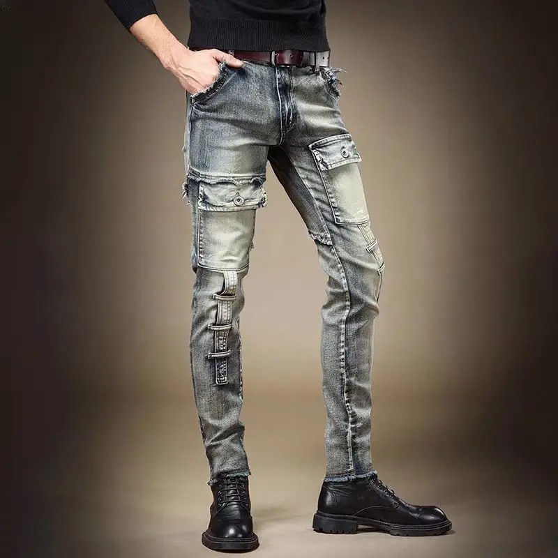 Men's Motorcycle Jeans Luxury Man Clothing Retro Heavy Industry Old Tooling Jeans Men's Trendy Slim-fitting Casual Long Pants