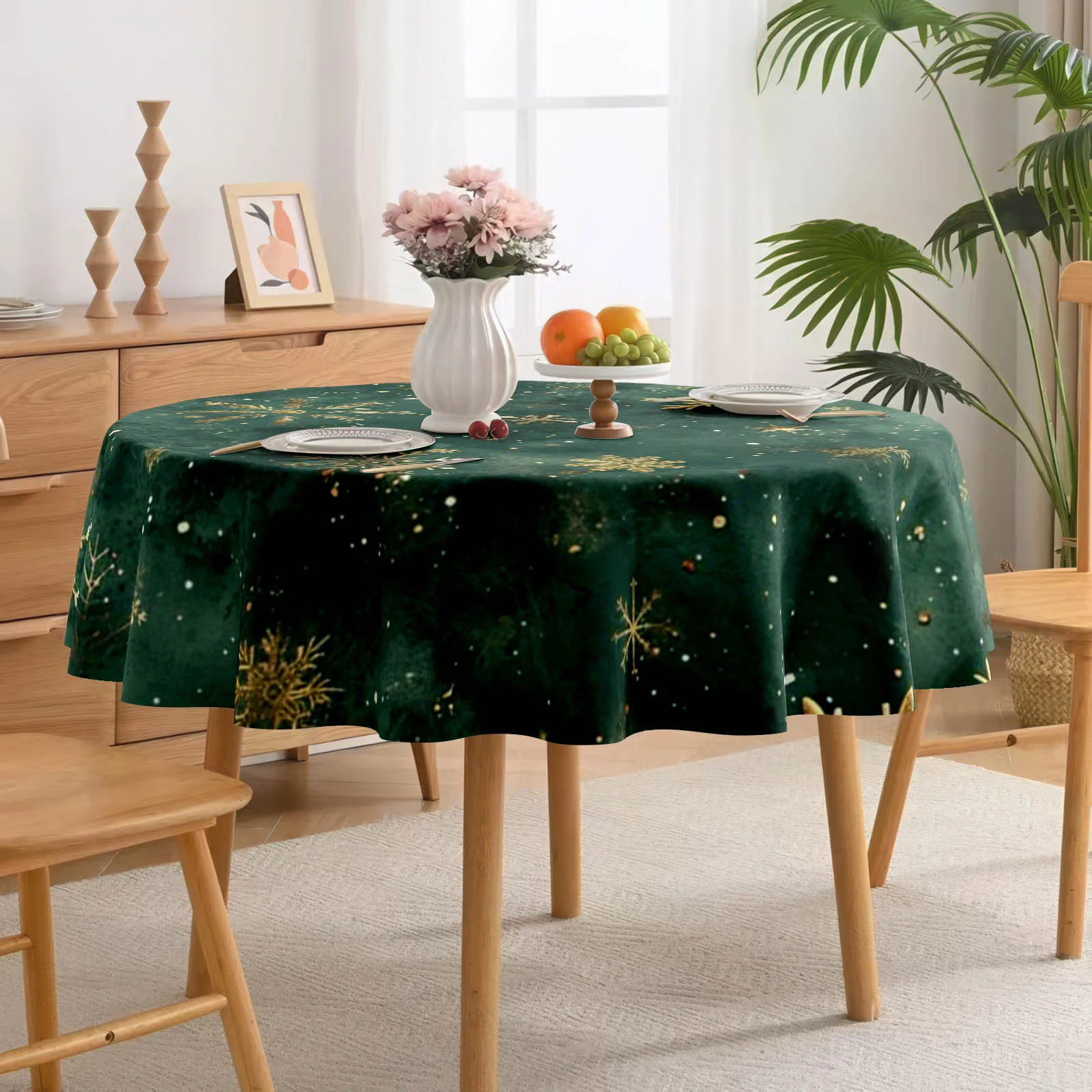 1PC dark green base color with golden snowflake and white embellished harmonious tablecloth pattern