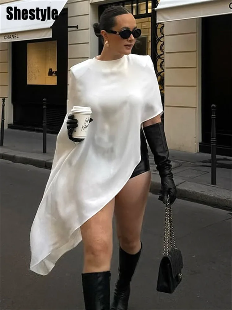 Shestyle Elegant White Pullover Blouse Women Irregular Solid Satin High End Design Crew Neck Shoulder Pads Zipper Fly Top Shirt