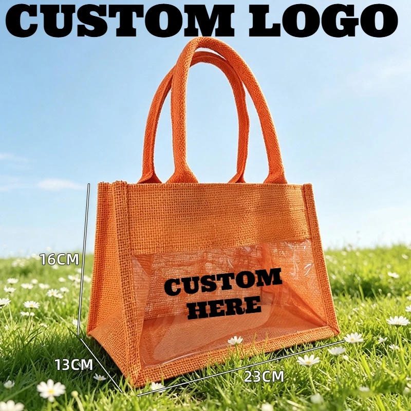 Sac fourre-tout grande capacité avec logo personnalisé, sac de shopping écologique en coton et lin transparent pour femmes, sac à main, sac de plage d'été en jute pour femmes