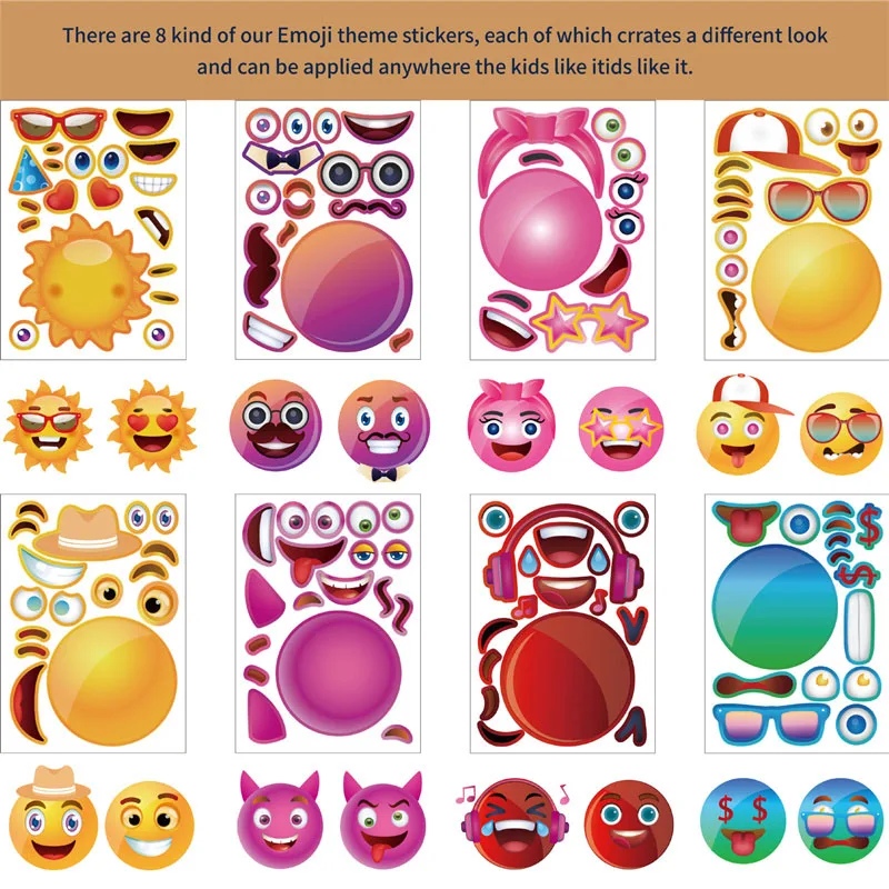 6-24sheets Kids DIY Make A Face Stickers Eyes Mouth Nose Mixed and Matched Jigsaw Puzzle Stickers Party Game Toys for Boys girls