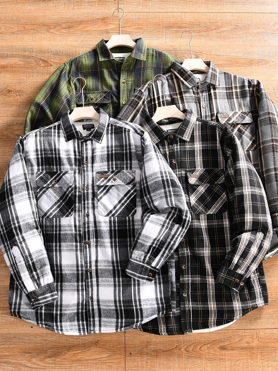 

Autumn Winter American Retro Plaid Fleece Lined Sheepskin Velvet Shirt Jacket Youth Popular Standard Fit Long Sleeve Button up