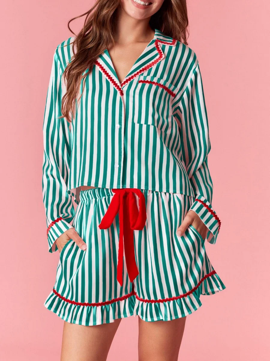 

Рождественские пижамы для женщин, комплект из 2 предметов, шелковые полосатые рубашки на пуговицах с бантом, праздничные шорты с рюшами, пижамный комплект, рождественские пижамы, одежда для сна