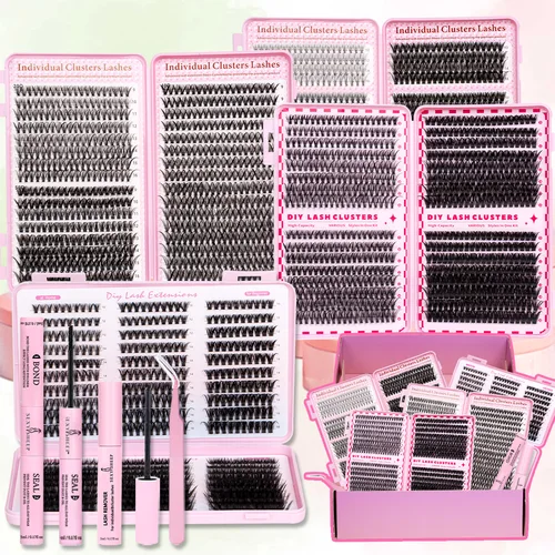 Imagen 2 del producto Kit de pestañas individuales DIY, grupos de pestañas de volumen, rizo D, extensión de pestañas naturales suaves con pinzas de unión y sellado, regalo de Festival