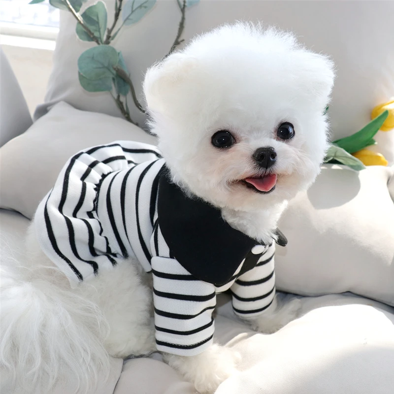 Black and White Striped Dog Clothes Pet Couple Dress Teddy Summer Leash Clothes Small Dog Pomeranian Cute Dresses