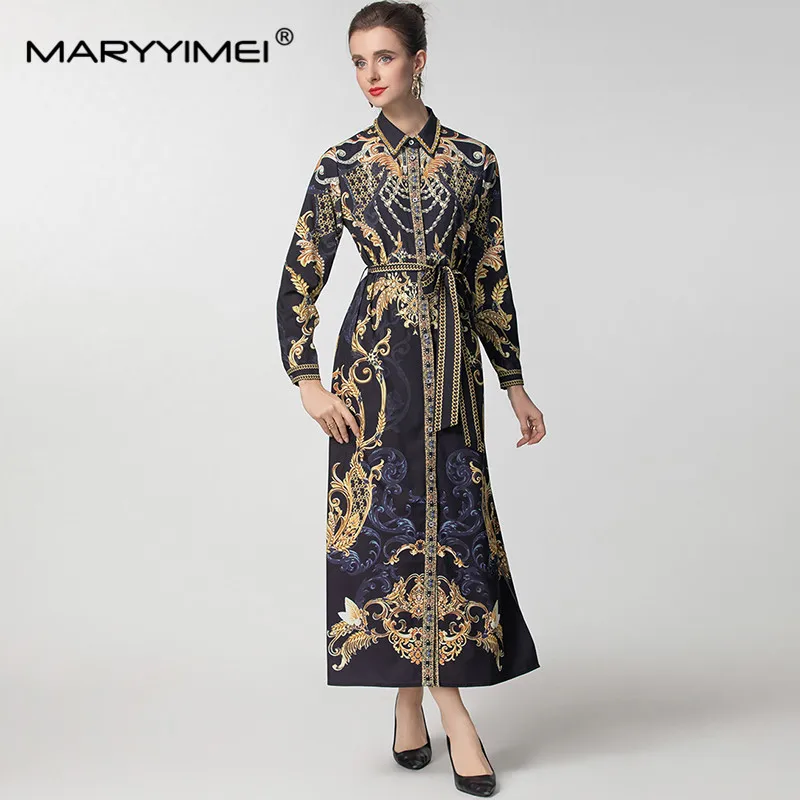 MARYYIMEI Autumn and winter Women\'s Dress Turn-Down Collar Single-Breasted Lace-Up Vintage Elegant Print Long-Sleeved Dresses