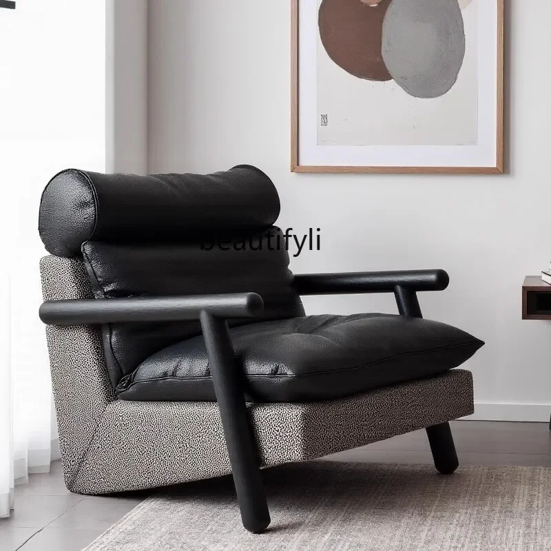 

Italian single first-layer cowhide sofa, leather leisure chair, household lazy solid wood living room sofa, single chair