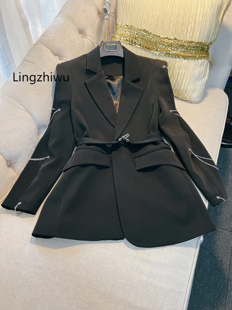 

Lingzhiwu Black Blazer Outerwear Female Top Quality Chain Autumn Winter Slim Top New Arrival