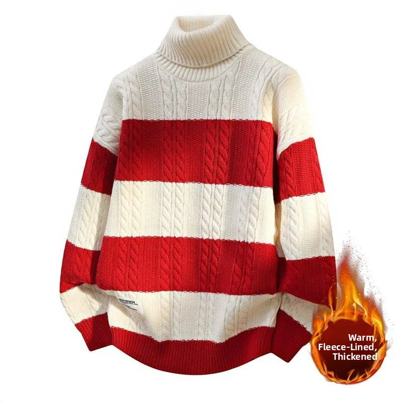 

Мужской зимний утепленный вязаный свитер с высоким воротником и отложным воротником, повседневный, модный, молодежный, в полоску.