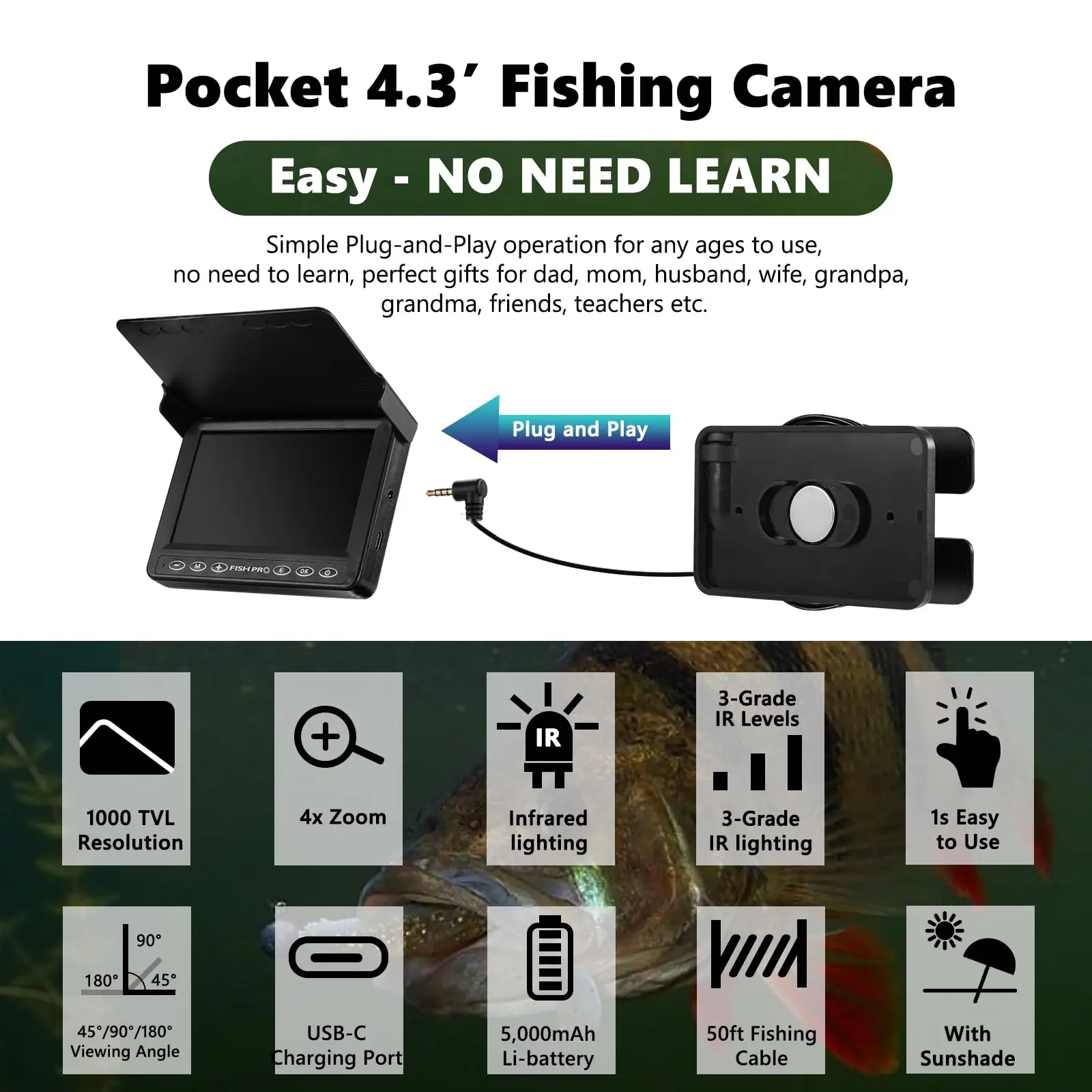 [2024 Upgrade] Underwater Fishing Camera-4.3''Ice Fishing Camera Fish Finder Gift for Men,1000TVL,3 Grade IR,5000mAh Fish Finder