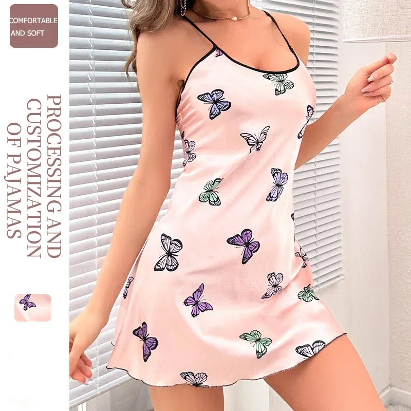 Cartoon Butterfly Slip Pajamas Women\'s Imitation Silk Sexy Halter Slip Nightdress Simple Style Silk Nightdress Summer