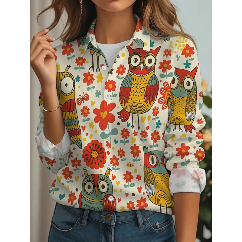 New Women'S Casual Long-Sleeve Shirt Featuring Playful Owls Hidden Among Vibrant Flowers, Perfect for Holiday Gatherings And