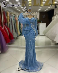 Newest Blue Celebrity Dresses Luxury Long Sleeves Formal Occasion Dresses With Crystals Vestidos De Gala Designer Evening Gowns