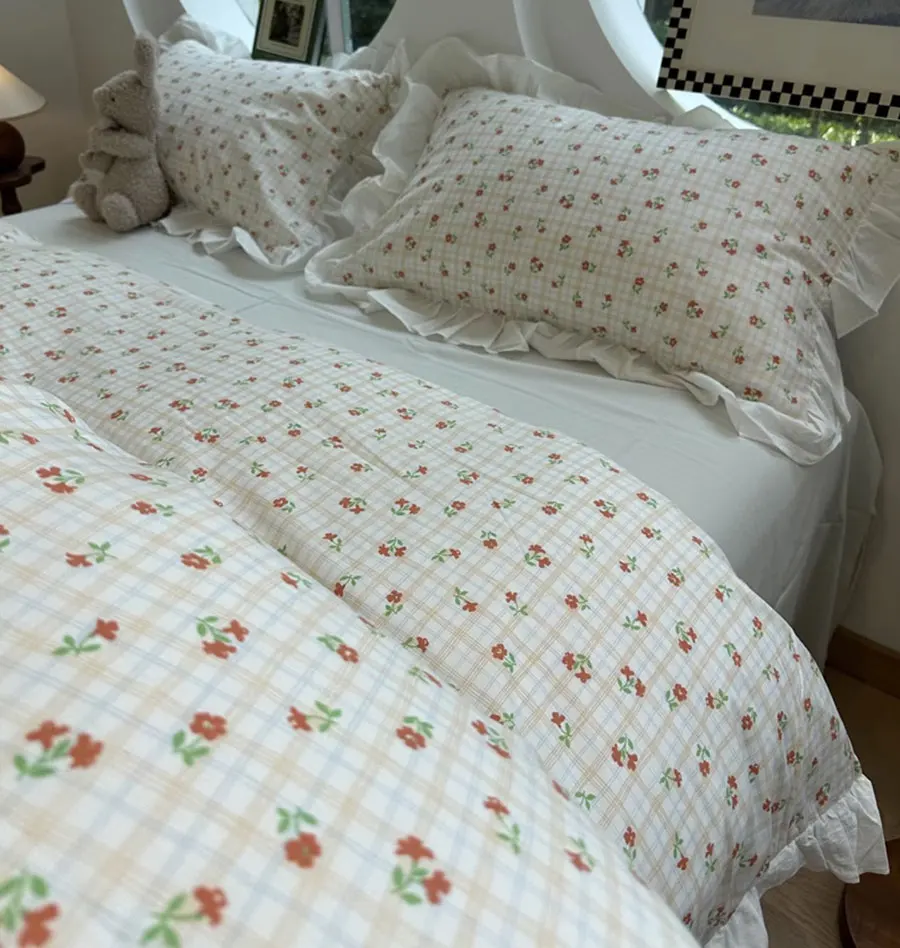 

Sweet cute flower plaid bedding set single double girl,twin full queen king cotton home textile bed sheet pillowcase quilt cover