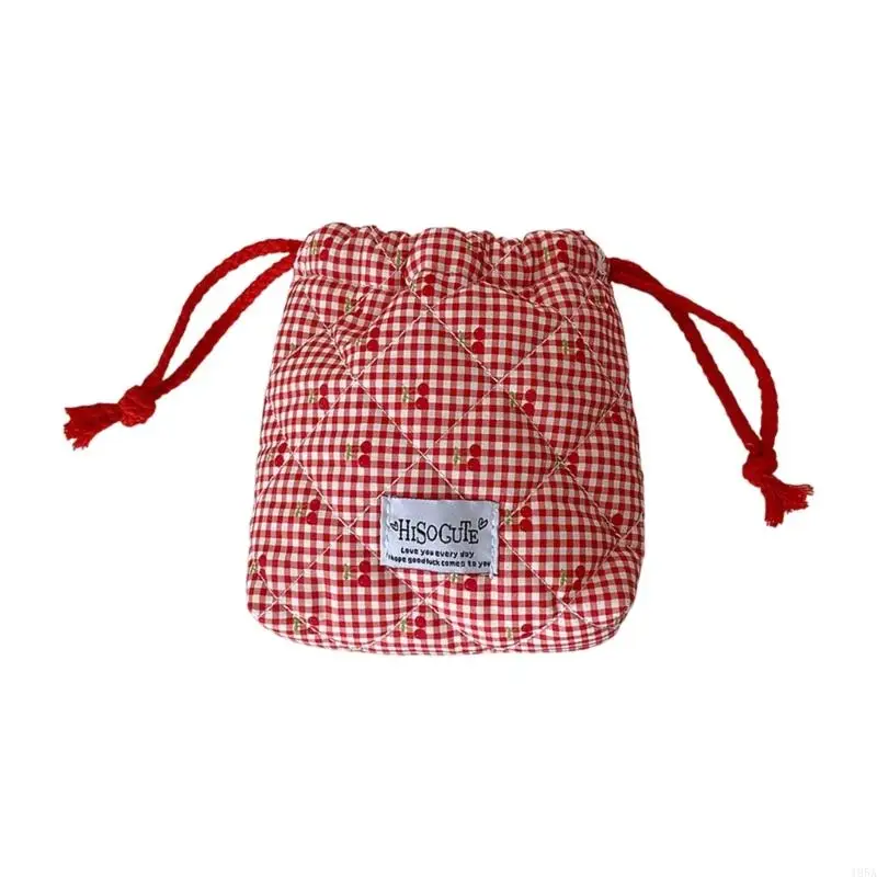 Cherrys Patterned Checkered Cloth Bag Reusable Drawstring Container For Storage