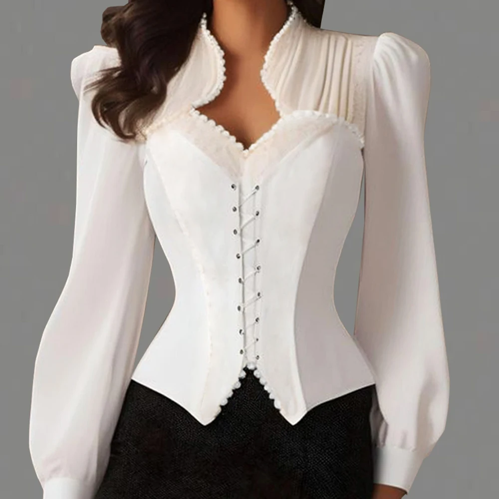 

Women's Elegant Corset Blouse Shirt Solid Color Slim Fit Puff Sleeve Lace Up Bustier Formal Evening Party Wedding Blouse Shirts
