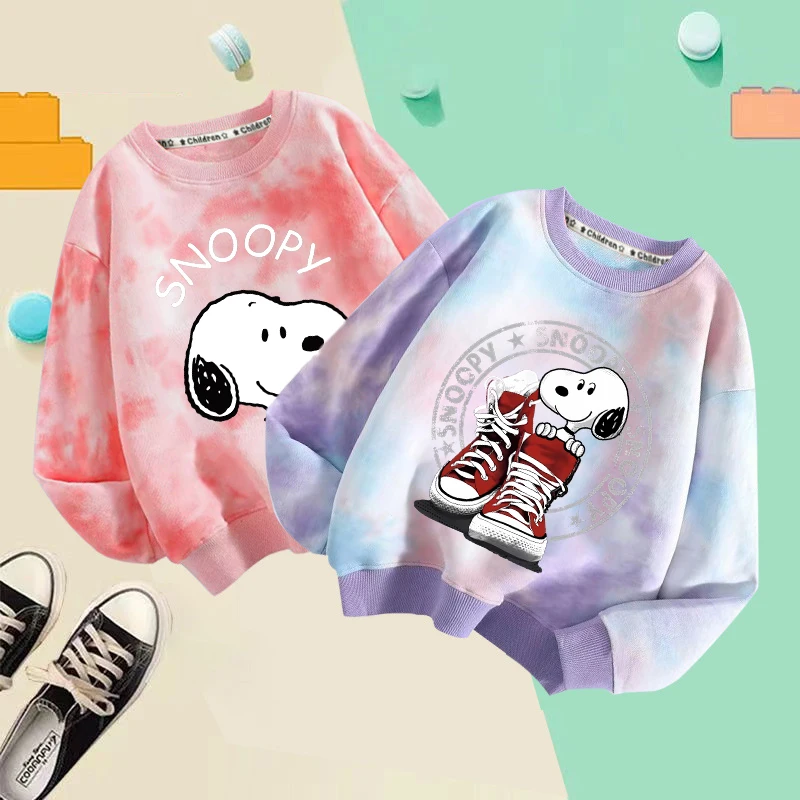 

Snoopys Fleece-lined Pullover Hoodies Girl Kawaii Tie Dye Sweater Boy Cartoon Anime Thick Sweatshirt Winter Warm Home Clothing