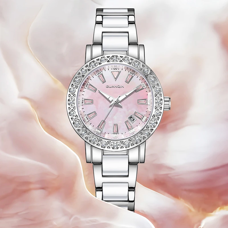 GUANQIN Luxury Quartz Watch for Women Mother-of-Pearl Dial Stainless Steel Case Calendar 30M Waterproof Luminous Lady Watches