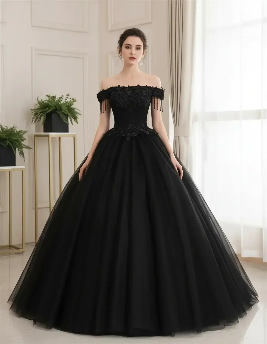 Black Off-the-shoulder Lace Floral Applique Ball Gown for Quinceanera Prom Graduation Evening Party Dress