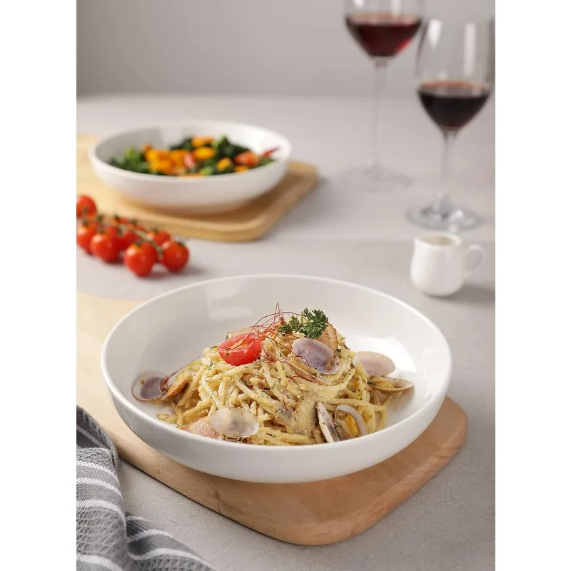 Large Salad Serving Bowls, 30 Ounce Porcelain White Pasta Plates Set of 6, 8.4 Inch Pasta Bowls for Dinner