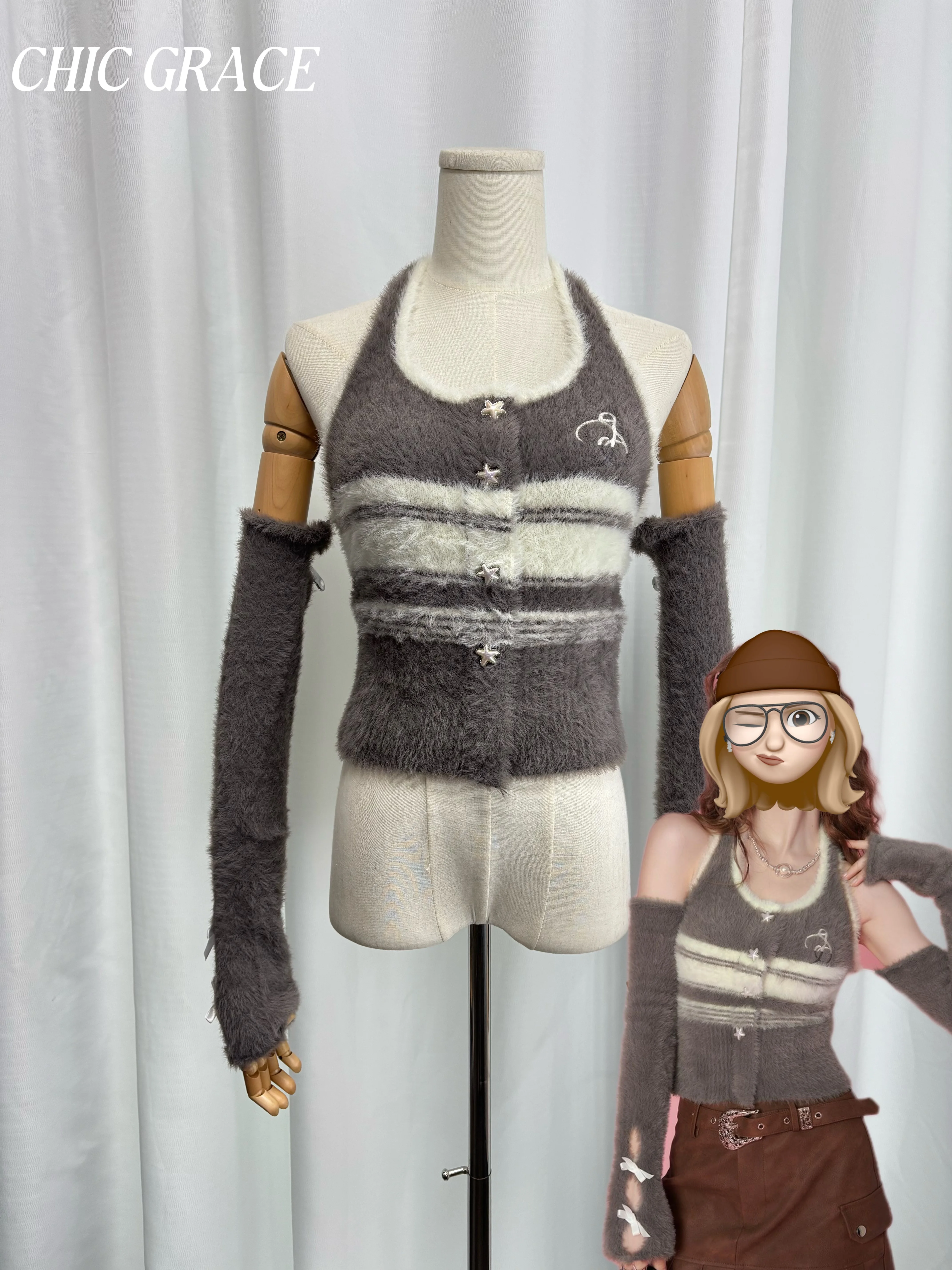 

Real shot Women's American Y2K Edgy Fuzzy Knit Cardigan Color Block Striped Vintage Soft Sweater Early Autumn Fashion Top