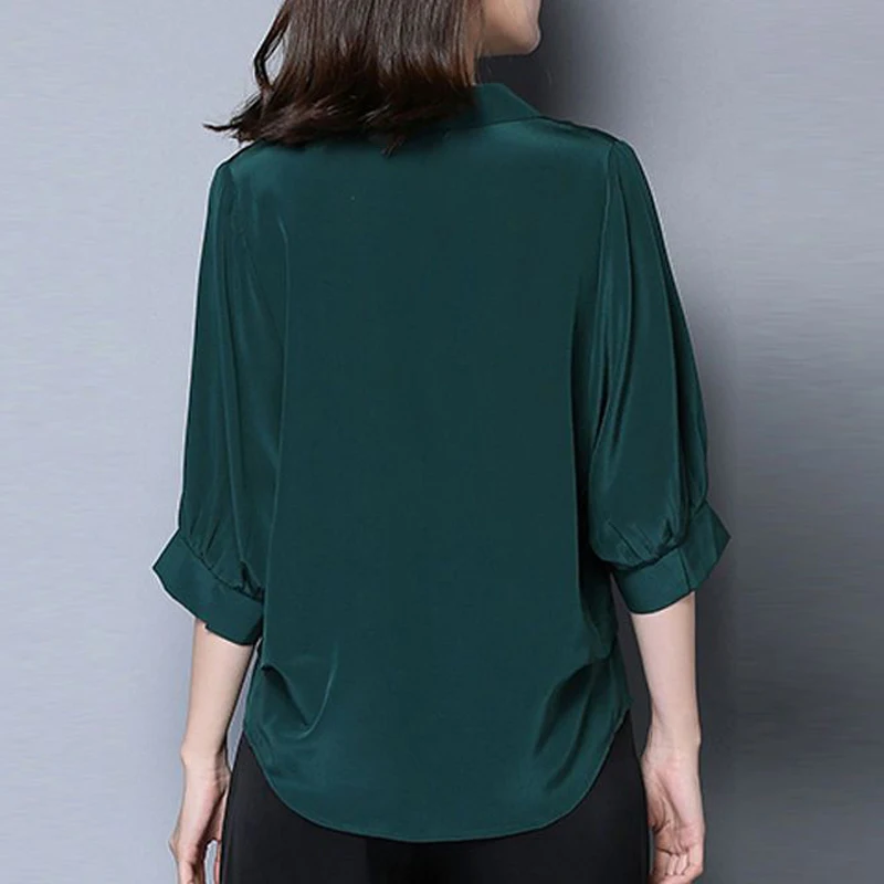 Women Silk Satin Simple Elegant Blouses Summer Korean Fashion V Neck Half Sleeve Casual Shirts Solid Loose Pullover Ladies Tops