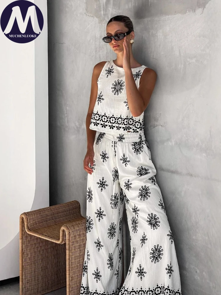 

2 Pieces Set for Woman 2025 Summer New Sexy Print Sleeveless Vest Tops Suits Fashionable,casual Loose Wide Leg Pants Sets