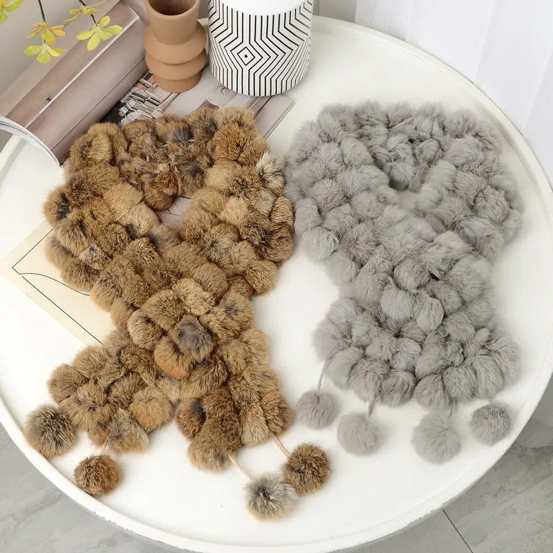 Real Rabbit Fur Scarf Winter Fashion Fur Pom-pom Scarf Extra-long Warm Neck Warmer For Women Natural Rabbit Fur Ring Scarves