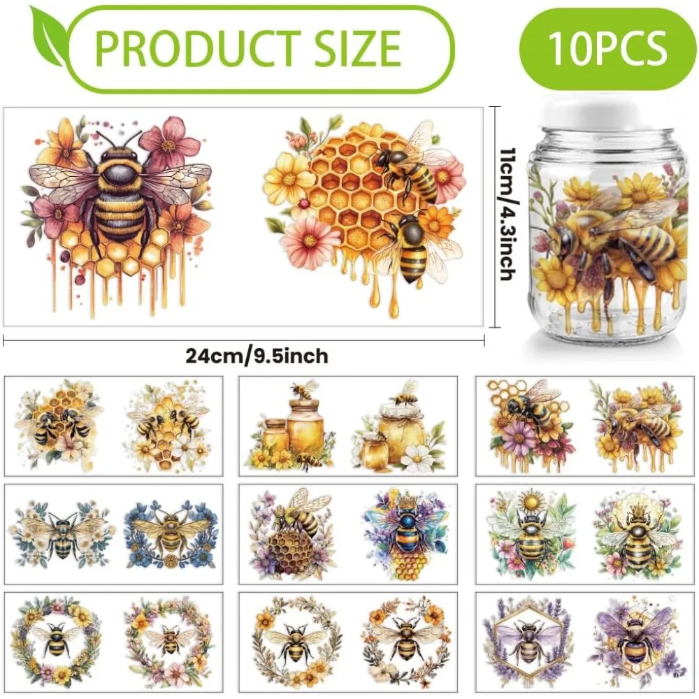 10 Sheets Bee Flower Transfer Stickers 4.33x9.45 inches Beehive Honey Pot Transfer Paper Waterproof PVC Decals