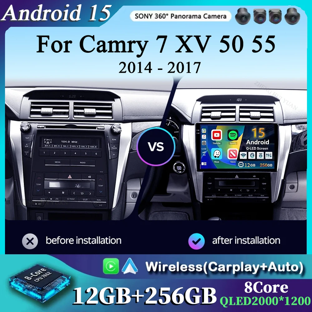 

Для Toyota Camry 7 XV 50 55 2014-2017 Android 15 Carplay Автомагнитола Мультимедийный видеоплеер Навигация GPS DSP 4G WiFi 360