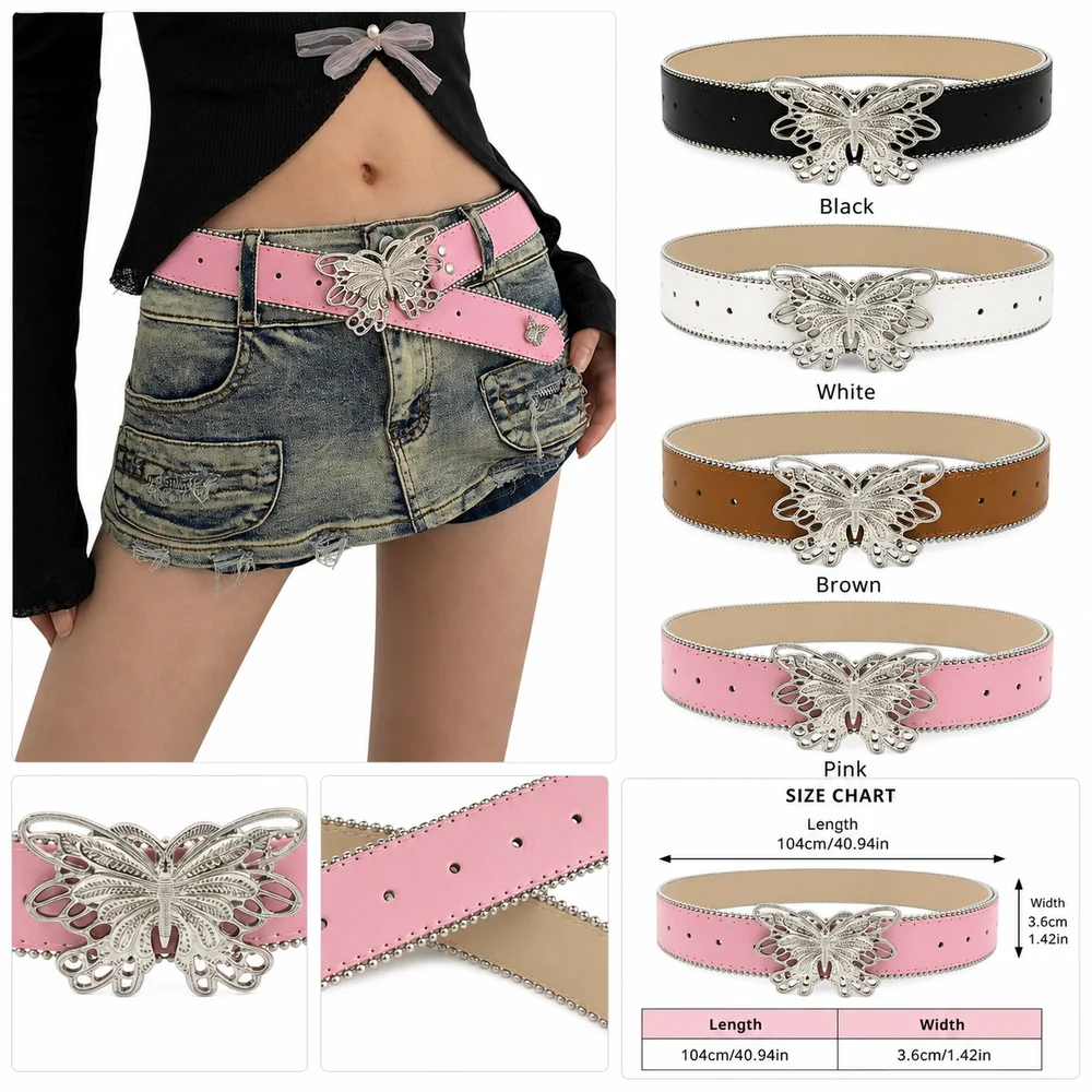 New PU Women's Belt Butterfly Buckle Adjustable Length Decorative Belt Versatile Y2K Style Waistwear Jeans Accessories