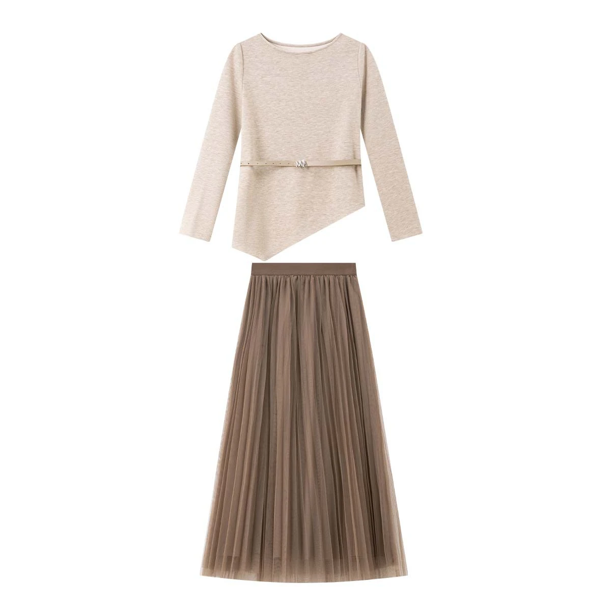 VIMLY 2 Piece Skirt Sets Woman Outfits Elegant Brown Slash Neck Tops Pleated Long Skirts Autumn 2025 Lady Two Piece Sets A3259