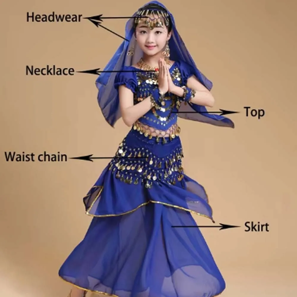 Headdress Dance Costumes Set Princess Dress Colorful Belly Dance Costumes Dazzling Sparkling India Girls' Clothing Kids