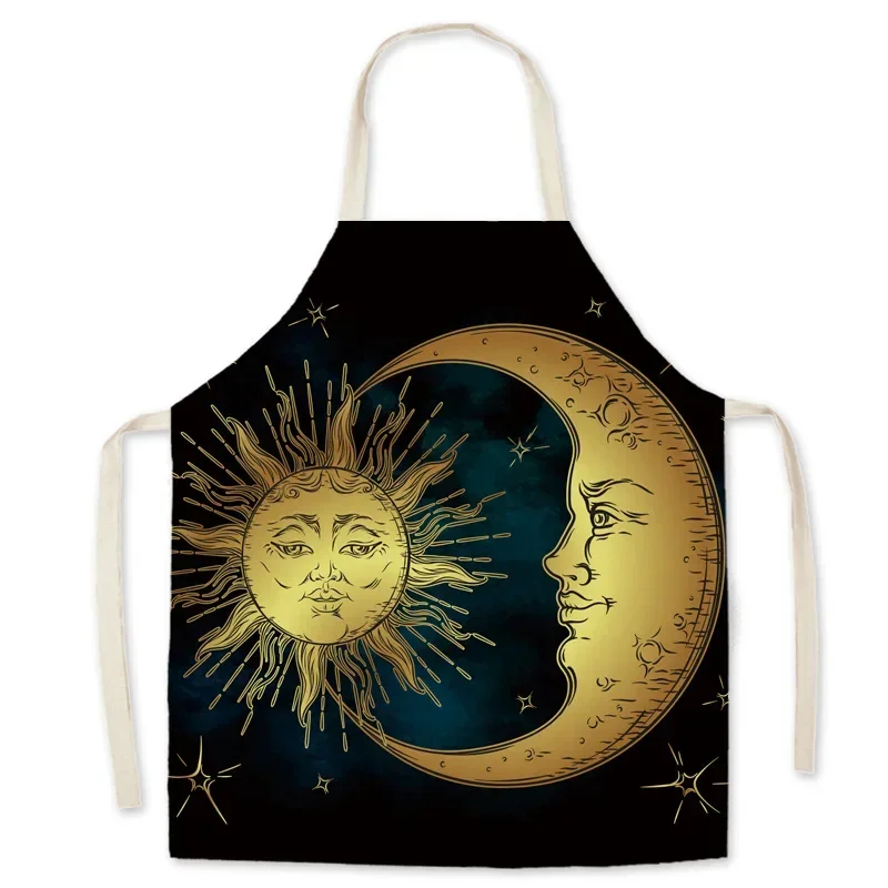 Bohemian Style Apron Psychedelic Sun and Moon Printing Apron for Men and Women Household Cooking and Baking Cleaning Tools