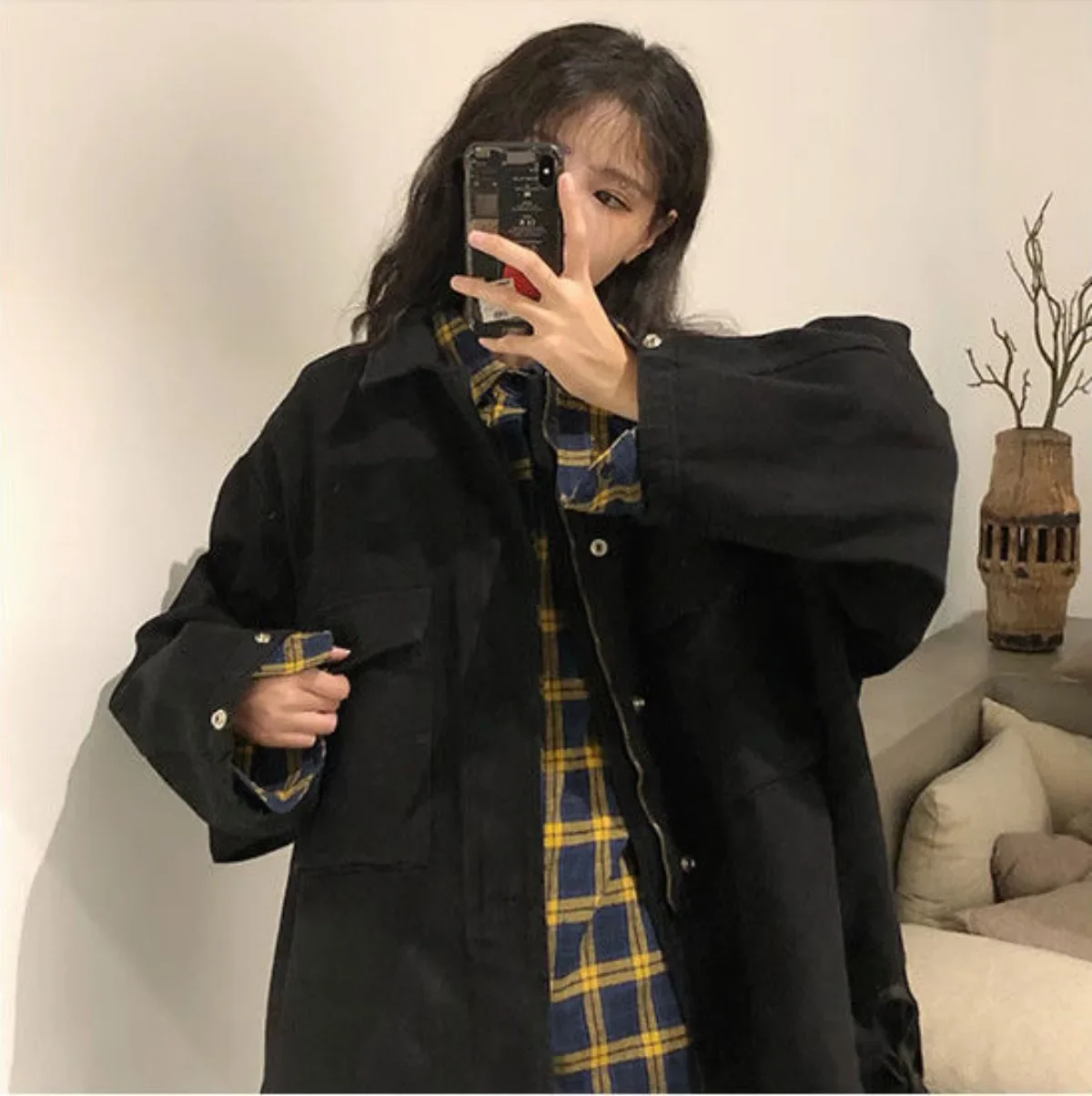 Korean Version Solid Color Work Jacket for Female Students Autumn Hong Kong Style Retro Loose and Versatile Jacket Casual Top