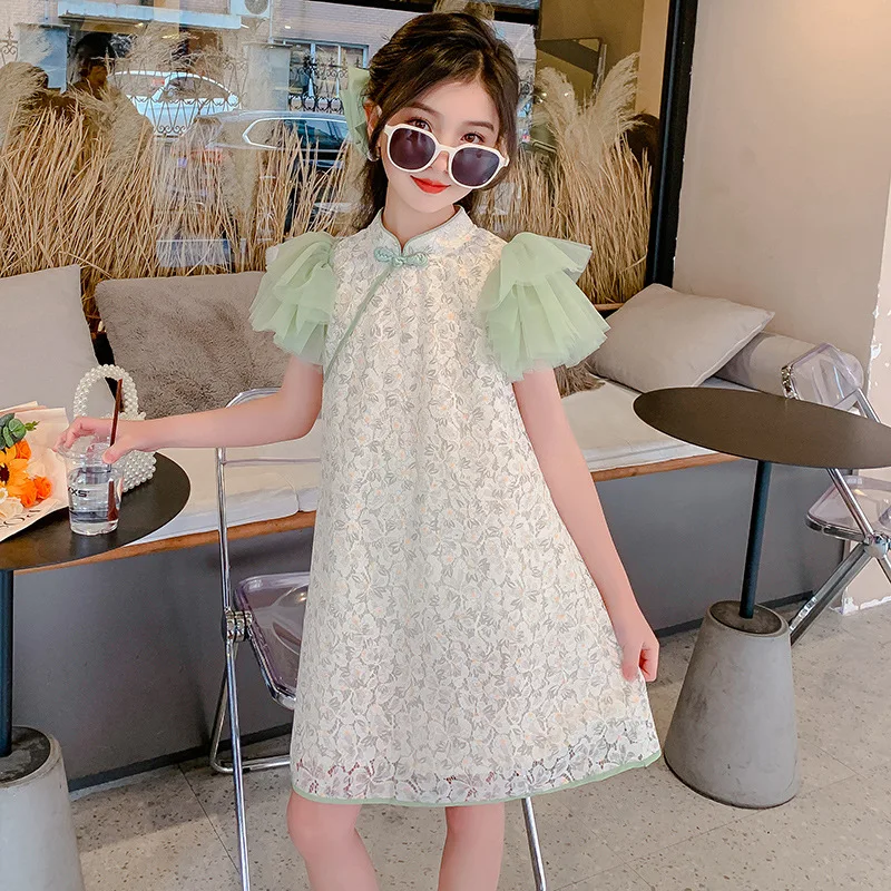 Girls' Cheongsam Dress Summer Thin Chinese Style New Children's Hanfu Lace Sweet Princess Loose Fit Green Cotta Lovable Ventilat