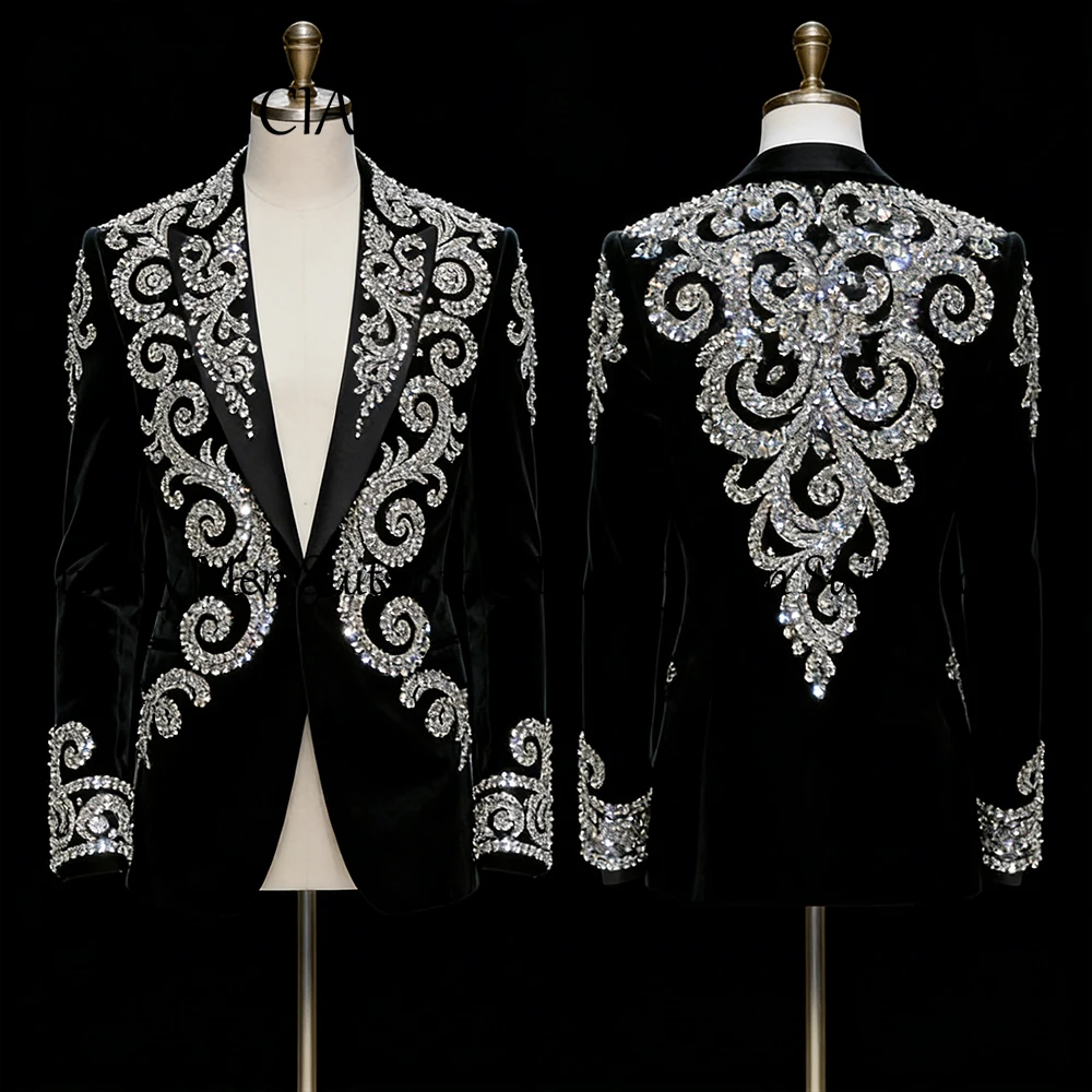 

Sparkling Diamond Male Suits 2 Pieces Shiny Groom Tuxedos Set Wedding Party Outfit Customized Blazer Pants costume homme luxe
