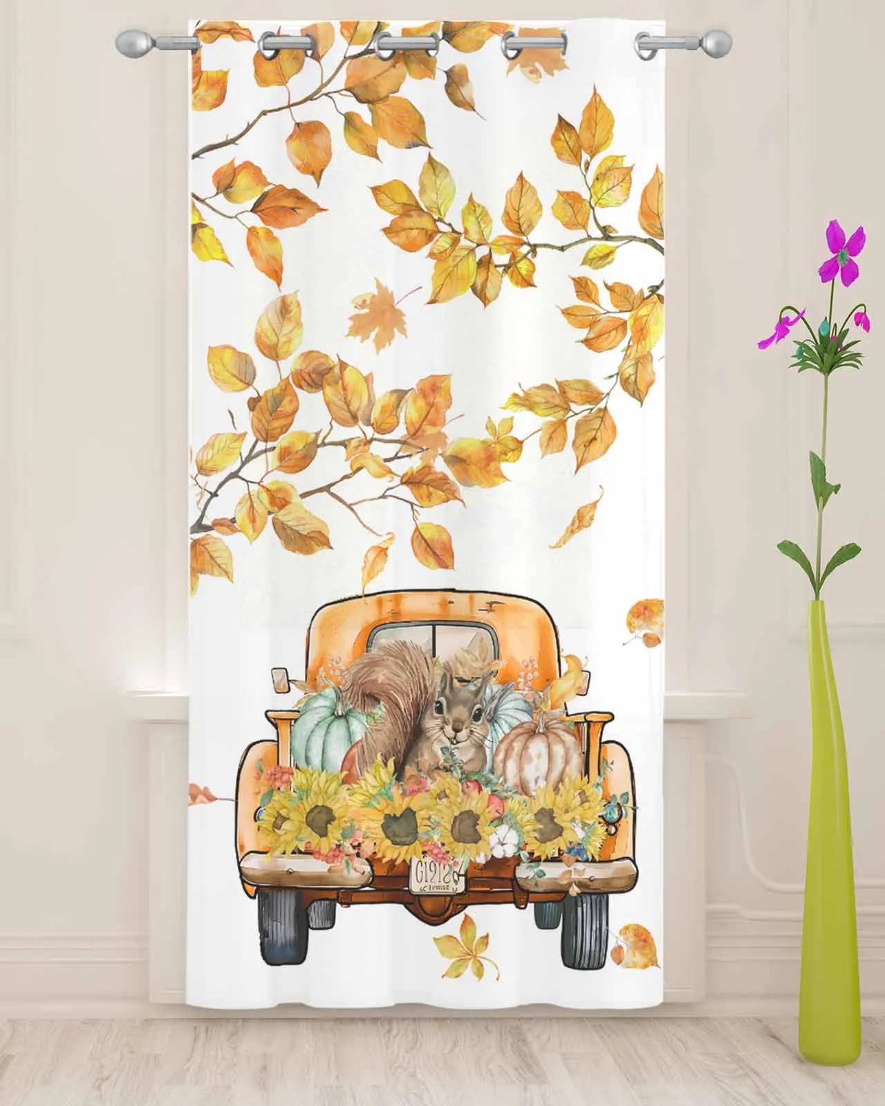 Autumn Pumpkin Truck Squirrel Sunflower Leaves Voile Curtain Window Treatment Drapes for Living Room Tulle Sheer Curtains