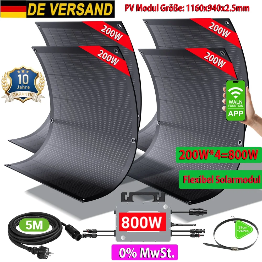 800W Balkon-Solaranlagen-Set |   4×200W Flexible Solarmodule + 800W Mikro-Wechselrichter, Plug & Play, WLAN-Überwachung, IP67, CE-Zertifiziert