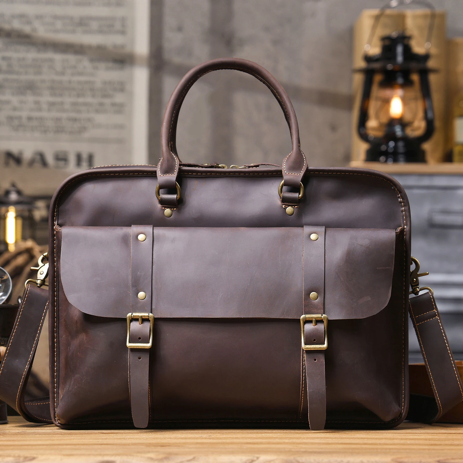 S.WORKER Vintage Echtleder Herren-Aktentasche Laptop-Tasche Crazy Horse Leder Messenger-Handtasche Rindsleder Geschenkidee für Männer – Detail 9