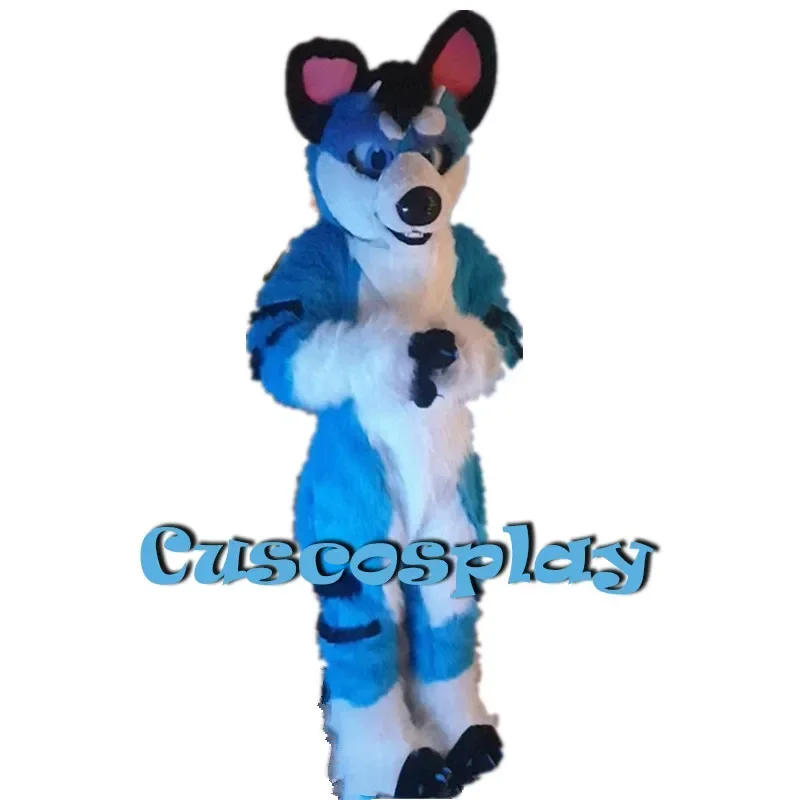 Christmas Blue Long Fur Blue Husky Dog Fox Wolf Fursuit Mascot Costume Suit Cosplay Party Game Fancy Dress Adults Parade Adver