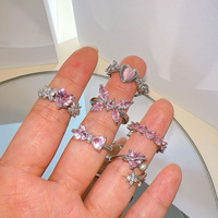 Pink Crystal Rings Romantic Heart Bowknot Shiny Ring For Women Girls Ring Y2k Accessories Fashion New Trend Party Jewelry Gifts