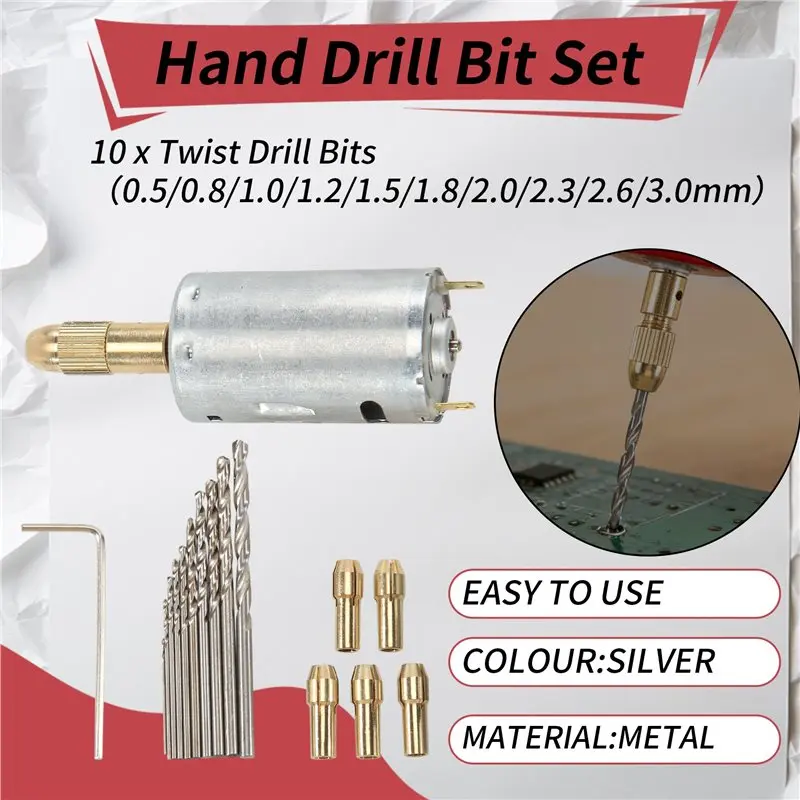

A34R Mini Electric Hand Drill Bit Set DC 12V Motor 0.5-3Mm HSS Twist Drill Bit With 5Pcs Chuck Collets Fits Drilling Hole Saw